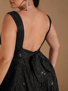 SHEIN BAE Váy xếp ly không tay ngọt ngào, dáng cong cỡ lớn dành cho nữ, màu trơn, đính kim sa, thích hợp cho tiệc đêm, mùa hè và mùa đông - màu đen - Xem 5