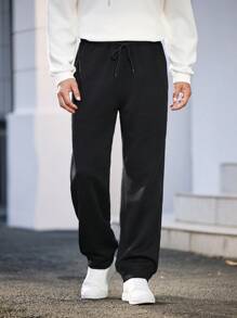 Manfinity Hypemode Men Solid Black Summer Atletic Basic Gym Sweatpants,Drawstring Waist Inserted Pockets Straight Loose Casual Baggy Long Pants,Gifts For Daddy & Husband - Black - View 3