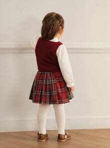 SHEIN 3 件套女婴时尚可爱春秋校园风格套装 - 针织背心、衬衫和百褶裙，韩国时尚 - 紅色 - 查看 2