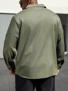 Manfinity Homme Plus Size Men Military Green Lapel Collar Thin Casual Going Out Shacket, For Friends, Husband, Boyfriend Gifts, Fall