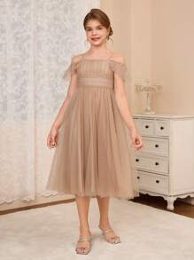 Tween Girls Elegant Spaghetti Strap Off-Shoulder Ruffled Sleeve A-Line Long Dress, Suitable For Weddings, Parties, Proms, Holidays And Events - Coffee - View 6