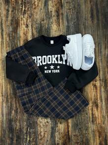 SHEIN 2 件套青少年男孩宽松休闲字母印花运动衫和格子运动裤套装 - 彩色 - 查看 1