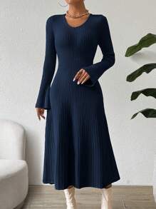 SHEIN Clasi 1 件女士优雅系腰喇叭袖针织长袖连衣裙 - 藏蓝色 - 查看 5