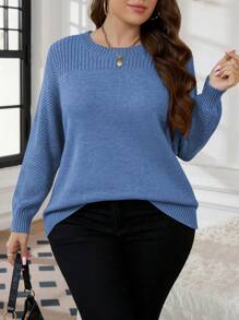 SHEIN LUNE Plus Size Casual Solid Color Knitted Sweater For Autumn/Winter Fall - Blue - View 1