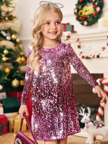 SHEIN Young Girl Christmas Party Sequin Embroidered Long Sleeve Dress