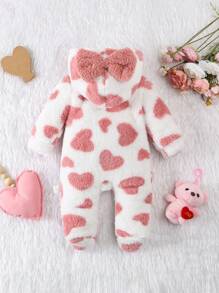 婴儿/女宝宝粉色爱心毛绒长袖连脚连体睡衣套装