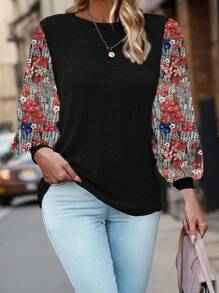 SHEIN LUNE Blusa de mujer con cuello redondo, estampado floral y parches de unicolor