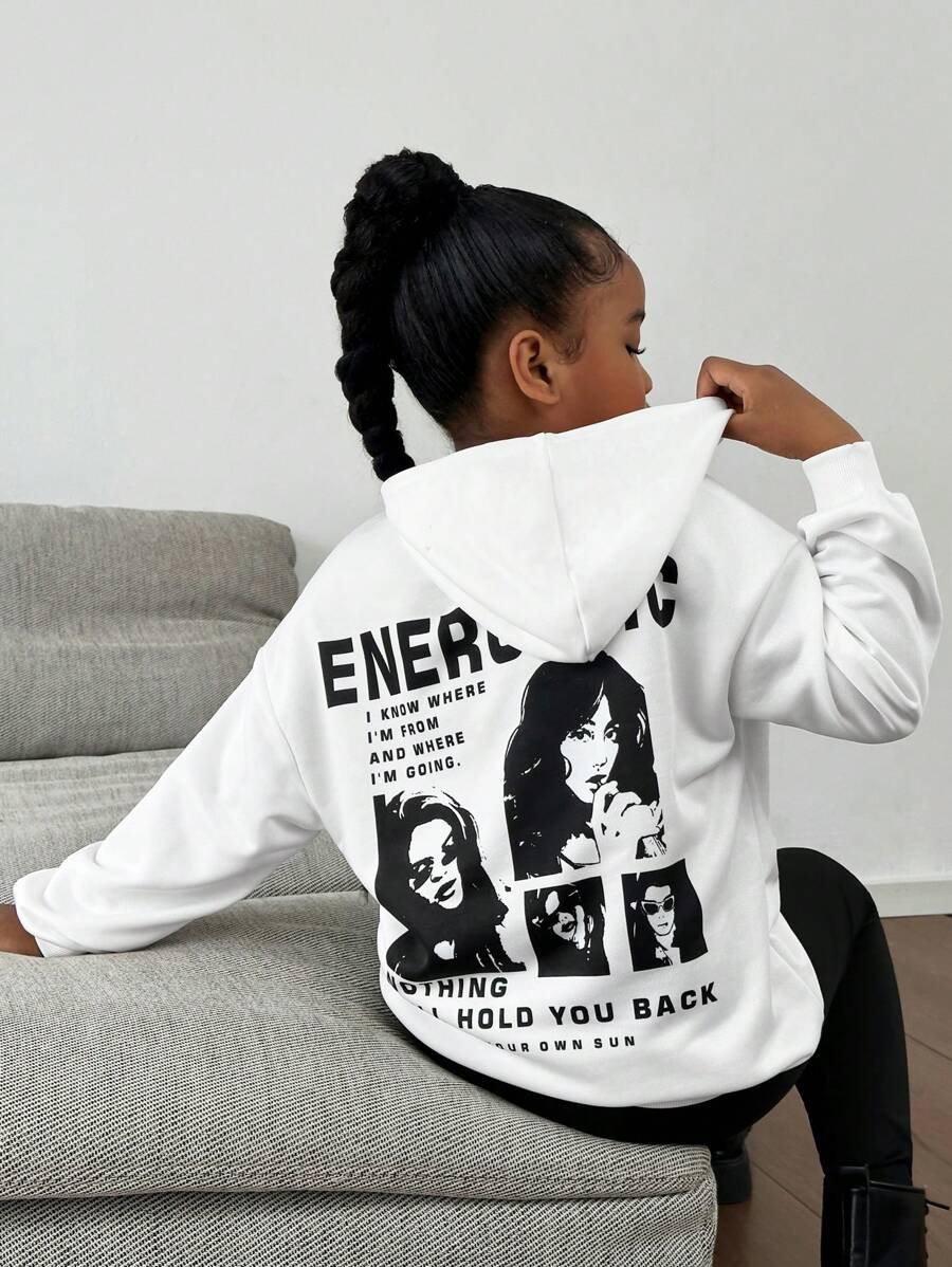 SHEIN 少女宽松休闲人像标语图案落肩卫衣 - 白色 - 查看 1