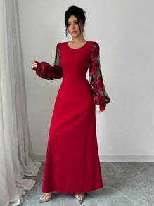 Modelyn 女士优雅针织红色网眼刺绣紧身圆领拼接鱼尾下摆连衣裙