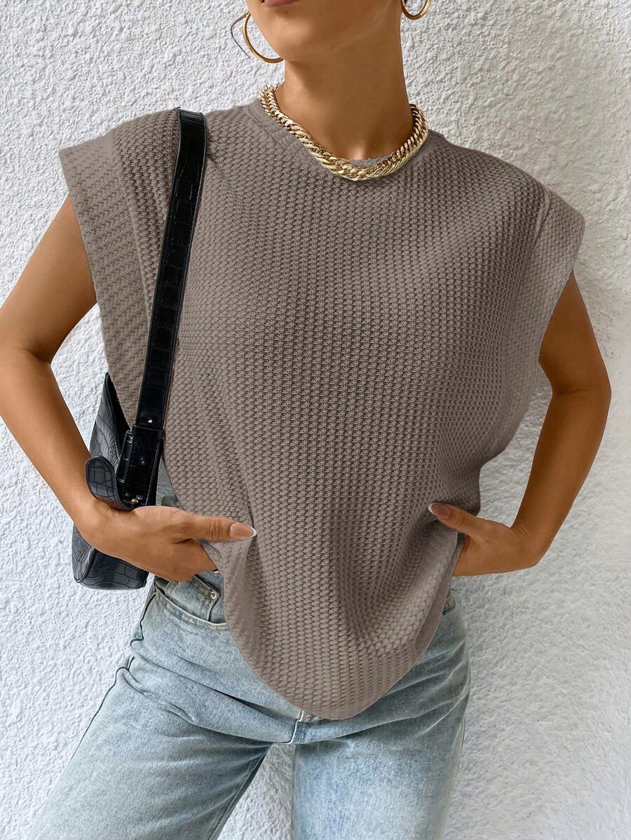 SHEIN Essnce 夏季休閒純色寬帶無袖T卹 - 駝色 - 查看 1