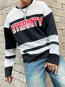 PAVTROS Manfinity Streetrush Men Colorblock Stripe & Letter Graphic Print Crew Neck Casual Everyday Long Sleeve T-Shirt, Street Wear, Boyfriend Gift