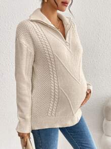 SHEIN Casual Loose-Shoulder Zip-Up Maternity Sweater, Simple Design For Autumn And Winter