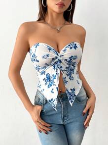SHEIN PETITE Women's Vacation Blue And White Floral Tube Top With Mid-Front Slit Ice Silk Comfortable Top. Can Be Worn During Afternoon Tea And Graduation Season As A Winter Inner Layer.