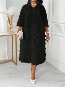 SHEIN Lady 春夏秋冬优雅工作办公室米色编织衬衫领直筒撞色网眼衬衫裙中长七分袖大码连衣裙