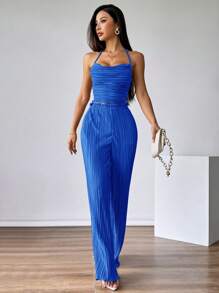 SHEIN Privé 2 件套女士吊带背心和松紧腰裤套装 - 寶藍色 - 查看 6