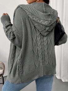 Vionelle 大码女式纯色落肩长袖连帽宽松休闲开衫，秋冬 - 灰色 - 查看 2