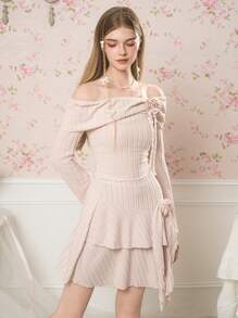 少女优雅纯色针织罗纹翻领露肩喇叭袖上衣和层叠荷叶边下摆裙子套装，春夏 - 米色 - 查看 3