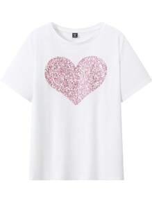 Flirla Kích thước lớn Của phụ nữ Màu hồng Love Tim Vòng cổ Ngắn tay Áo thun - trắng - Xem 5