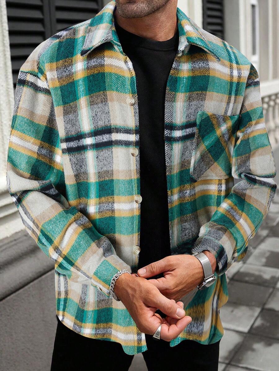 Manfinity Homme 1pc Men's Casual Plaid Shacket, For Autumn - Green - View 1