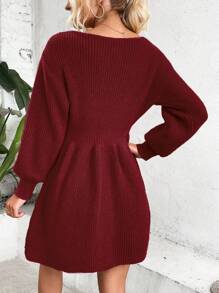SHEIN Clasi 纯色罗纹 V 领长袖毛衣连衣裙 - 酒紅色 - 查看 2