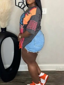 Rovax Áo thun nữ cổ tròn tay ngắn in chữ mùa hè cỡ lớn, áo thun họa tiết, áo thun họa tiết nữ - Màu xám đen - Xem 4