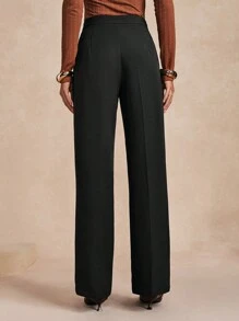 SHEIN Unity Women Casual Solid Color Straight Leg Pants, Spring/Autumn - Black - View 2