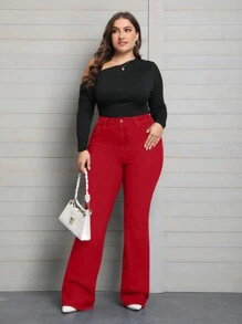 EMERY ROSE Quần Jeans Ống Loe Ôm Sát Màu Đỏ Co Giãn Cho Nữ Cỡ Lớn - Đỏ - Xem 3