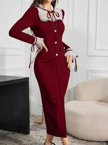 Modelyn Women's Patchwork Ruffle Trim Mesh Flared Sleeve Button Design Dress, Elegant Long Evening Dresses - Burgundy - View 4