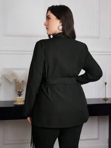 Modelyn Plus Size Women Pearl Decor Lapel Twist Knot Side Elegant Long Sleeve Blazer Jacket, Autumn - Black - View 3