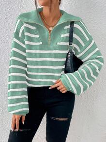 Flirla Women Casual Dropped Shoulder Striped Long Sleeve Pullover Sweater, Autumn/Winter