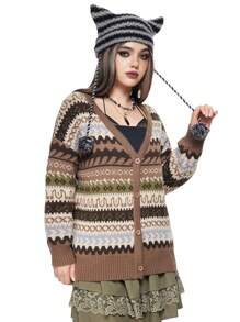 ROMWE Fairycore Áo len cardigan dệt kim Jacquard cổ tích rừng cổ điển dành cho nữ - Nhiều màu - Xem 5