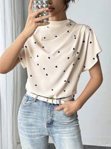 Gloray 女士优雅褶饰心形印花半高领短袖休闲衬衫 - 杏色 - 查看 6