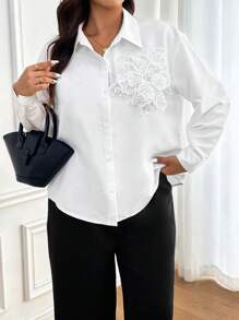 SHEIN Frenchy Elegant Simple Solid Color 3D Pearl Floral Decor Plus Size Shirt, Suitable For Office & Commute