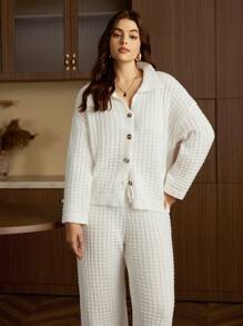 Elaquor Plus Size Sweater Set With Lapel Single-Breasted Solid Color Loose Top And Pants, For Winter - White - View 3