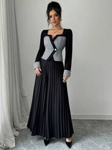 Chiquease 2pcs Knit Splice Long Sleeve Ruched Top + High-Waisted Ruched Pants Set, Collar Fitted Slimming - Black - View 5