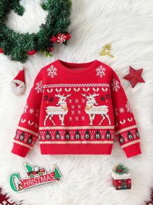 1piece 年轻男孩休闲学院风舒适时尚简约实用鹿绒材质搭配可爱圣诞图案厚实保暖圆领毛衣，适合男孩毛衣、儿童毛衣、儿童服装、年轻男孩服装、学校、返校、男孩服装、圣诞毛衣，适合日常、学校、户外、运动、秋冬季节适合秋冬季节，适合圣诞节，情侣贴身服装 - 紅色 - 查看 4
