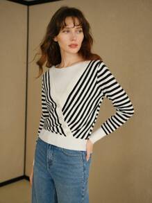 MOTF STUDIO WOOL STRIPED PATTERN BUTTON FRONT 2 IN 1 SWEATER