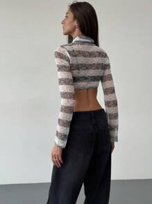 Aloruh Y2K 风格高领长袖撞色短款纹理面料女式衬衫 - 黑與白 - 查看 2