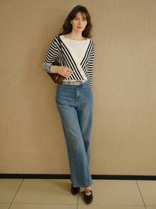 MOTF STUDIO WOOL STRIPED PATTERN BUTTON FRONT 2 IN 1 SWEATER