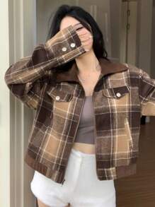 DAZY 复古格纹撞色拼接女式外套，秋季女装外套 - 棕色 - 查看 7