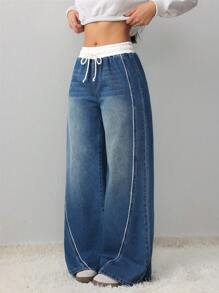 SHEIN Tall Women's Jeans Casual Loose Wide Leg Trousers Spliced ​​Waist Straight Pants Blue Tall Women's Jeans Sports Casual Pants Tall Women Pants Denim Jeans Tall Women Jeans Jeans Pants Low Rise Baggy Jeans Denim Jeans Pants - Dark Wash - View 3