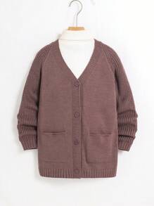 Tween Boy Textured Panel Pockets Knit Cardigan, Warm For Autumn/Winter