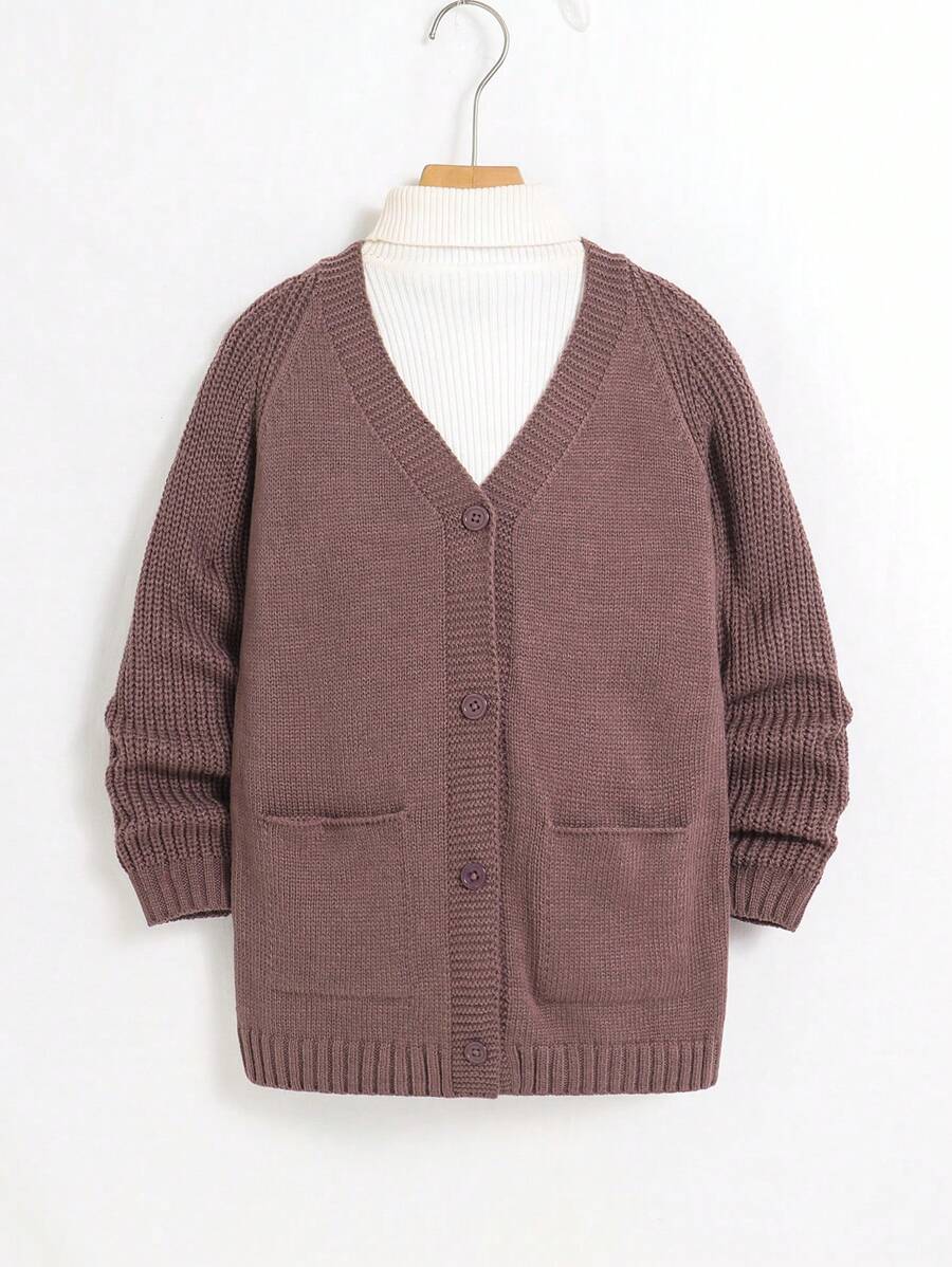 Tween Boy Textured Panel Pockets Knit Cardigan, Warm For Autumn/Winter