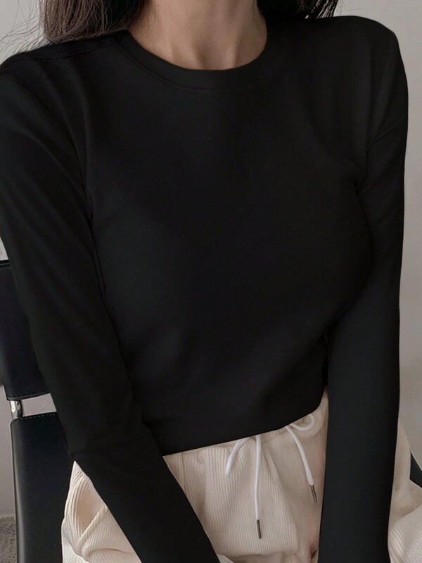 DAZY 1 pieza Camiseta de manga larga de color liso informal, versátil para el otoño