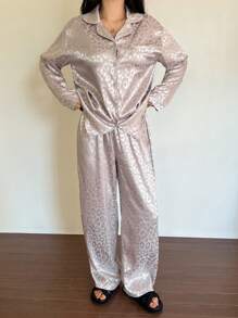 DAZY Satin Leopard Jacquard Loose Sleepwear Pajama Set, Fall Clothes