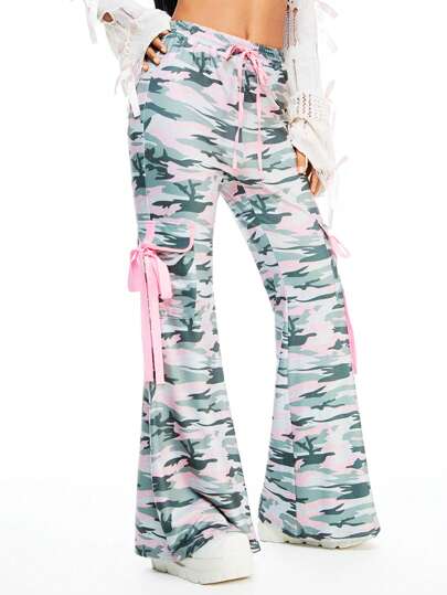 Kawaii Women Harajuku Camo Print Lace Ribbon Tie Flare Cargo Pants