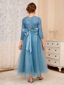 SHEIN Tween Girl Lace Contrast Mesh Big Bow A-Line Dress, Suitable For Weddings, Galas, Birthday Parties, Performances, Thanksgiving, Halloween, Christmas