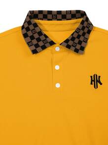 Calvornis 1pc Men's Business Casual Colorblock Checkerboard Patchwork Letter Embroidery Short Sleeve Polo Formal Shirt, Summer, Ceremony - Yellow - View 4