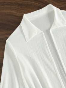 Bonvoyette 2 件套女士夏季度假纯色长袖翻领罩衫和高腰直筒裤套装 - 白色 - 查看 5