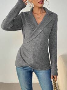 SHEIN Clasi 1 件女式纯色圆领长袖法式扭纹针织毛衣，高端，秋冬